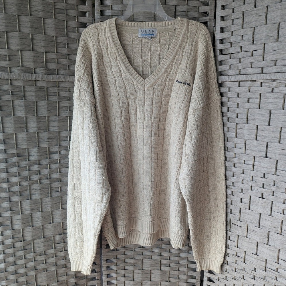 Vtg‎ 90s Sweater Beige Penn State V-Neck Knit Cotton Mens XXL Preppy Collegiate